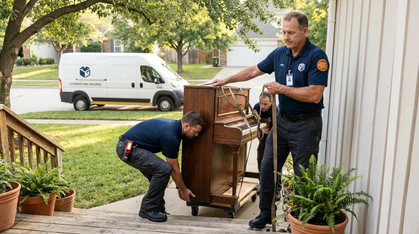 Licensed piano movers securing grand piano in Berkeley, CA