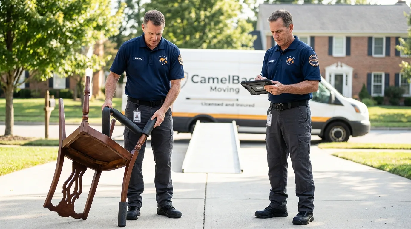 Movers inspecting furniture for damage prevention before loading in Berkeley, CA