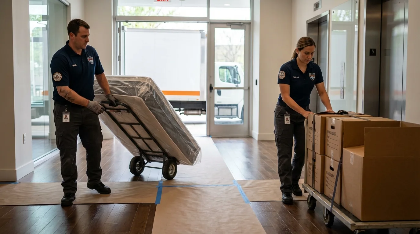 Professional apartment movers loading elevator in Berkeley, CA