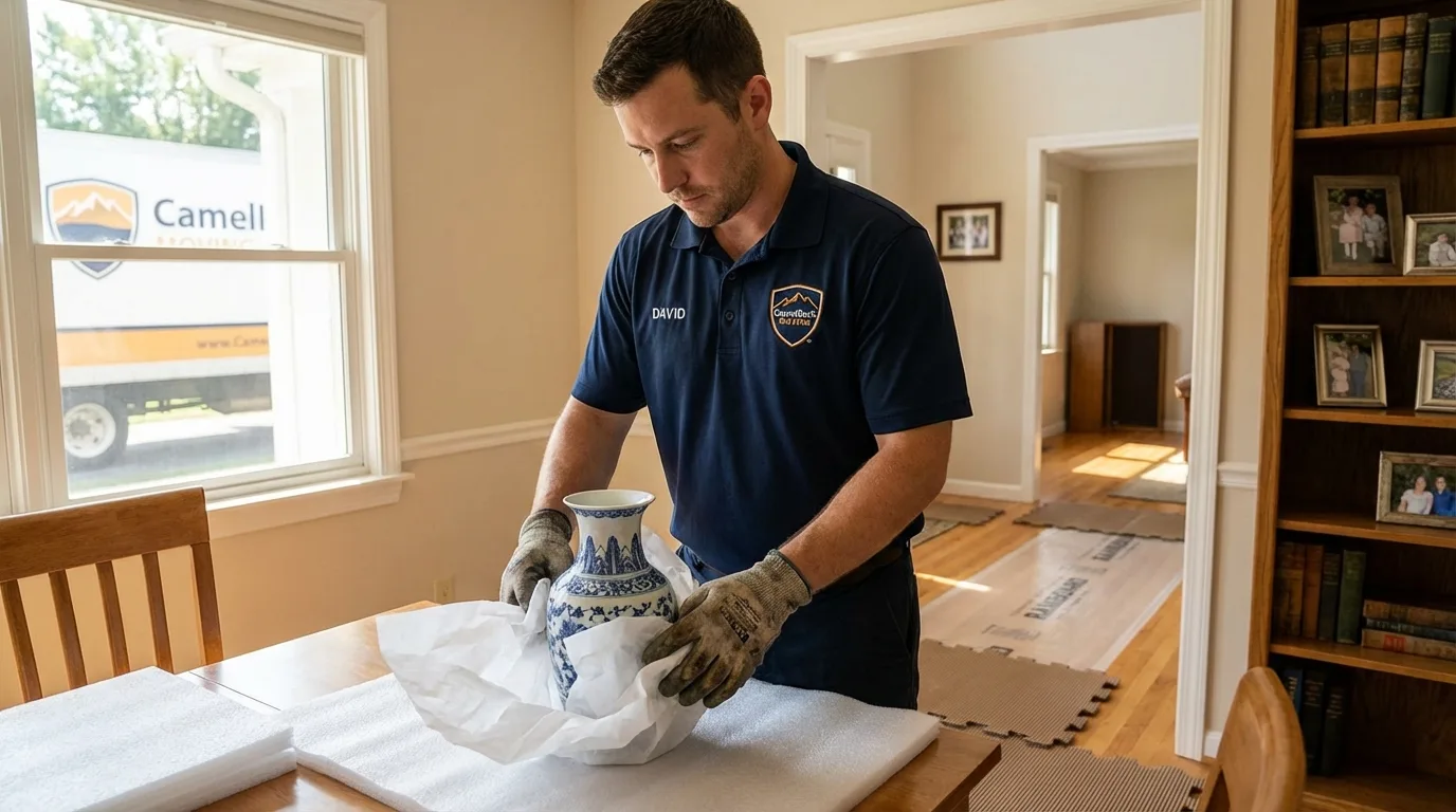 Professional crew carefully wrapping antique vase for senior downsizing move in Berkeley, CA
